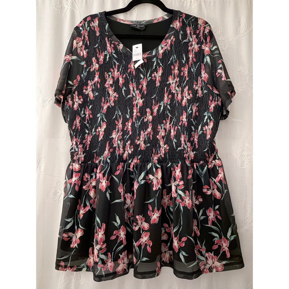 Lane Bryant Floral Smocked Peplum Mesh Top Black Pink Plus Size 18/20 NWT